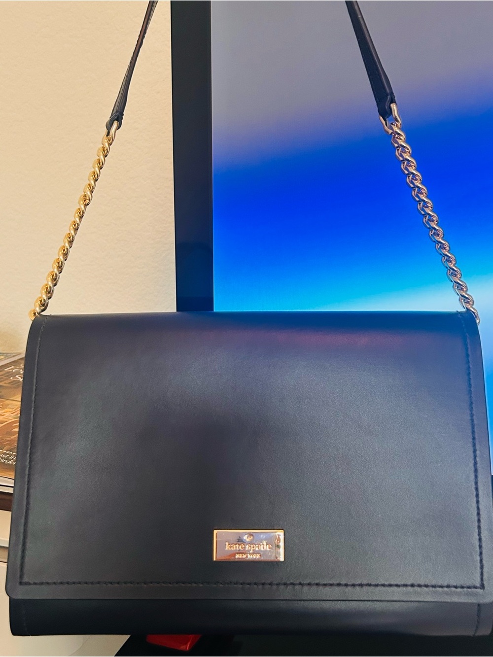 kate spade Black Leather Shoulder Bag with Gold Chain
